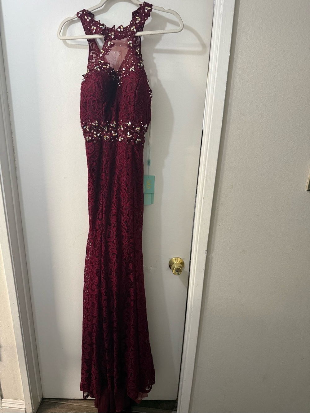 Beaded Lace Halter Gown in Burgundy for Women